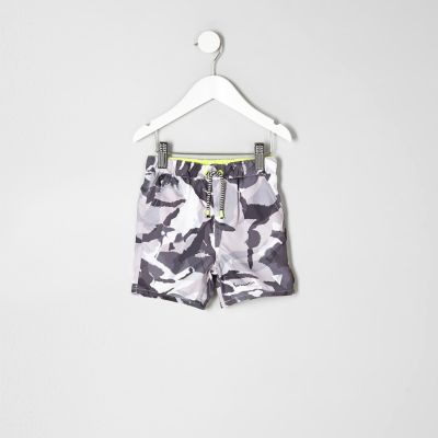 Mini boys grey camo print swim shorts